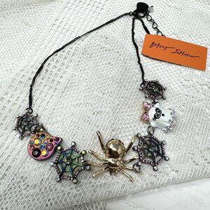 Betsey Johnson Halloween Spider Web Necklace With Ghost & Jewels